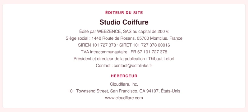 Coordonnées légales de l&rsquo;éditeur et de l&rsquo;hébergeur du site
