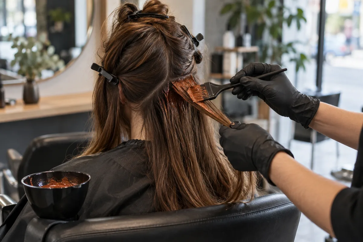 Mains gantées qui appliquent une coloration au pinceau sur une mèche de cheveux châtains