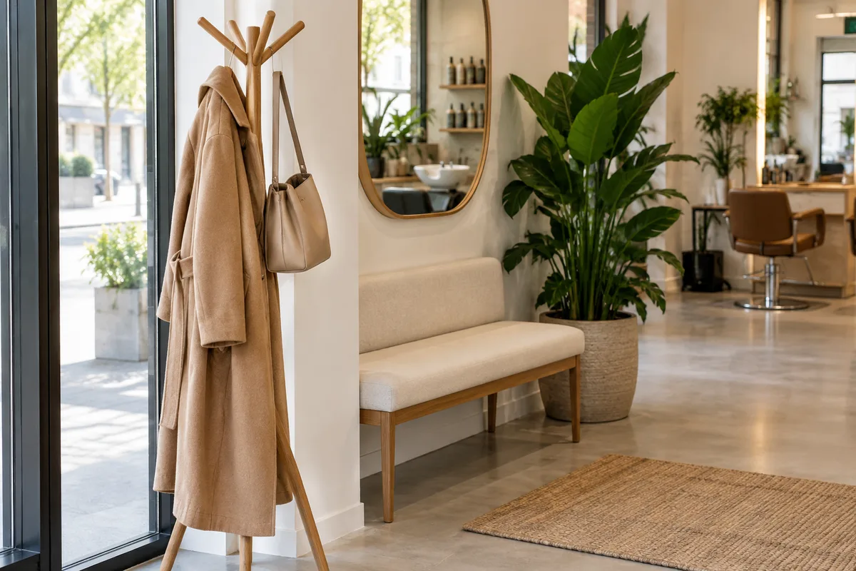 Manteau et sac suspendus au porte-manteau de l’entrée d’un salon de coiffure