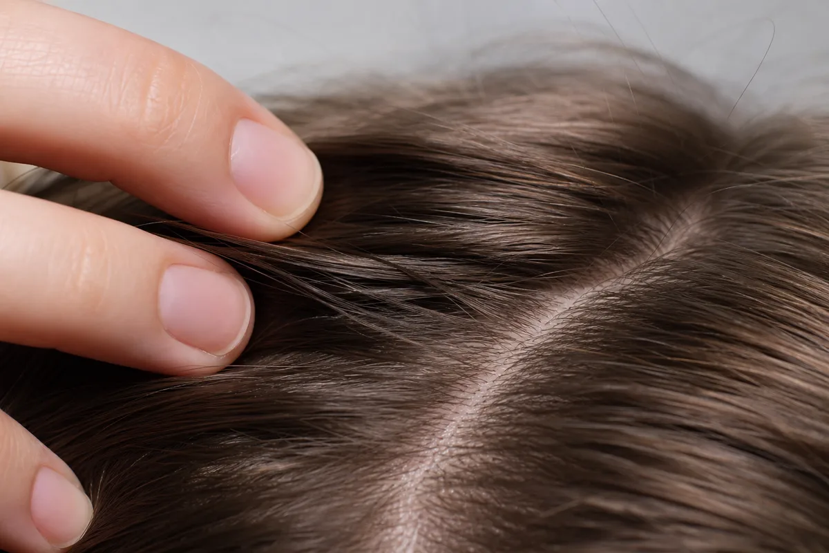 Cuir chevelu vu de près, mèches soulevées à la racine sous une lumière douce de salon