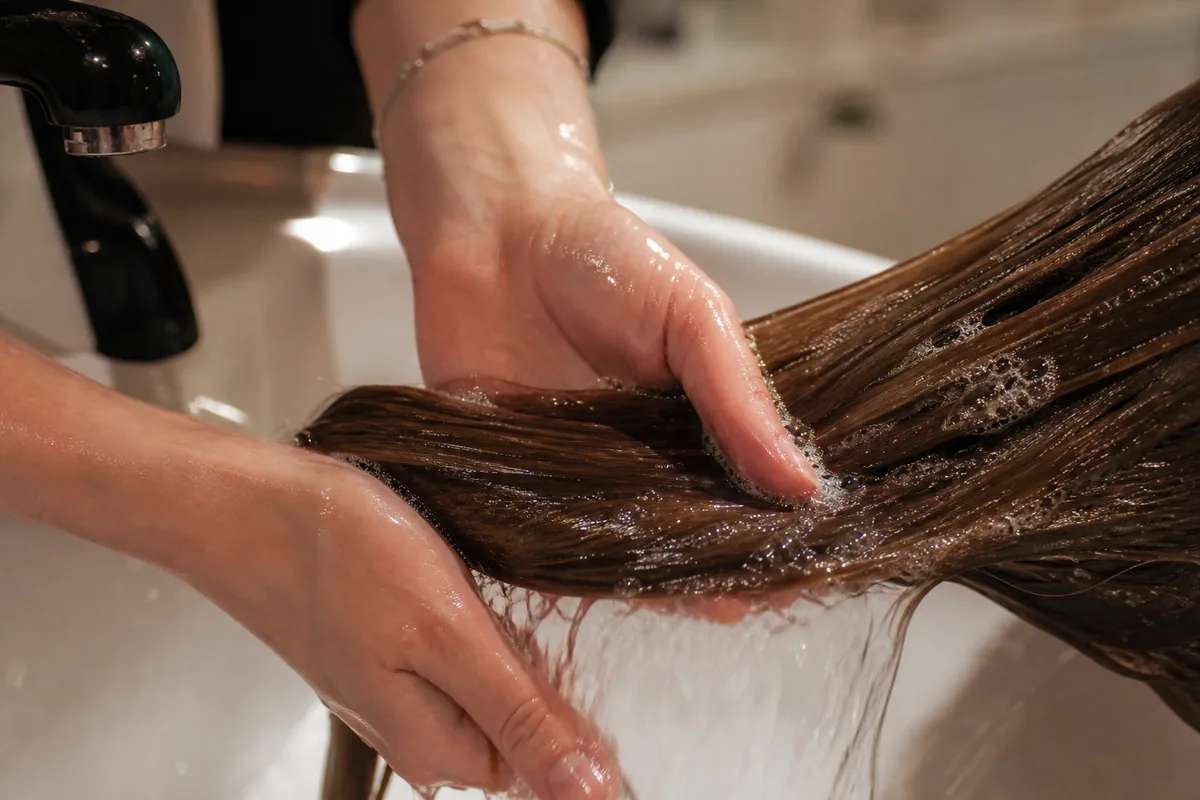 Mains d’une coiffeuse rinçant de longs cheveux au bac, mousse légère et eau claire