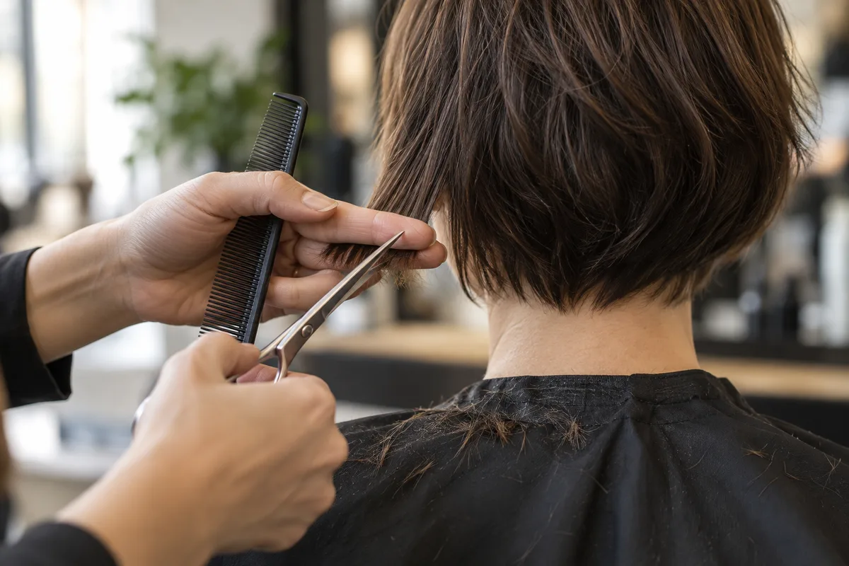 Mains de coiffeuse qui effilent aux ciseaux une mèche courte sur la nuque d&rsquo;une cliente vue de dos