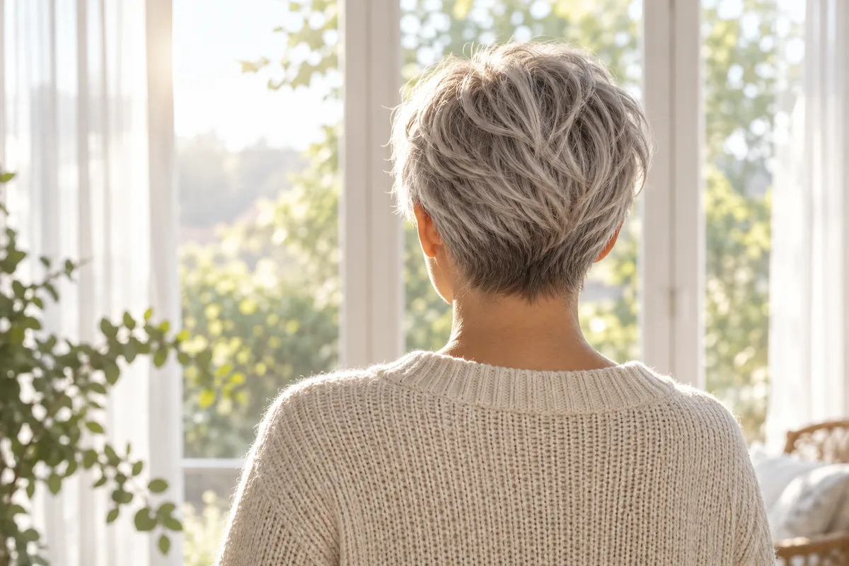 Femme aux cheveux courts gris argent vue de dos devant une fenêtre lumineuse, nuque dégagée