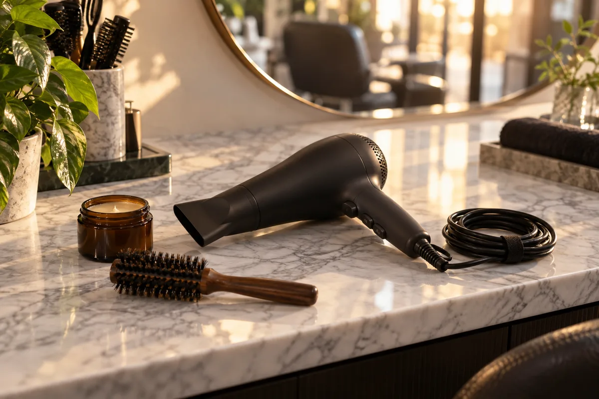 Sèche-cheveux à embout concentrateur, petite brosse ronde et pot de cire posés sur une console de salon