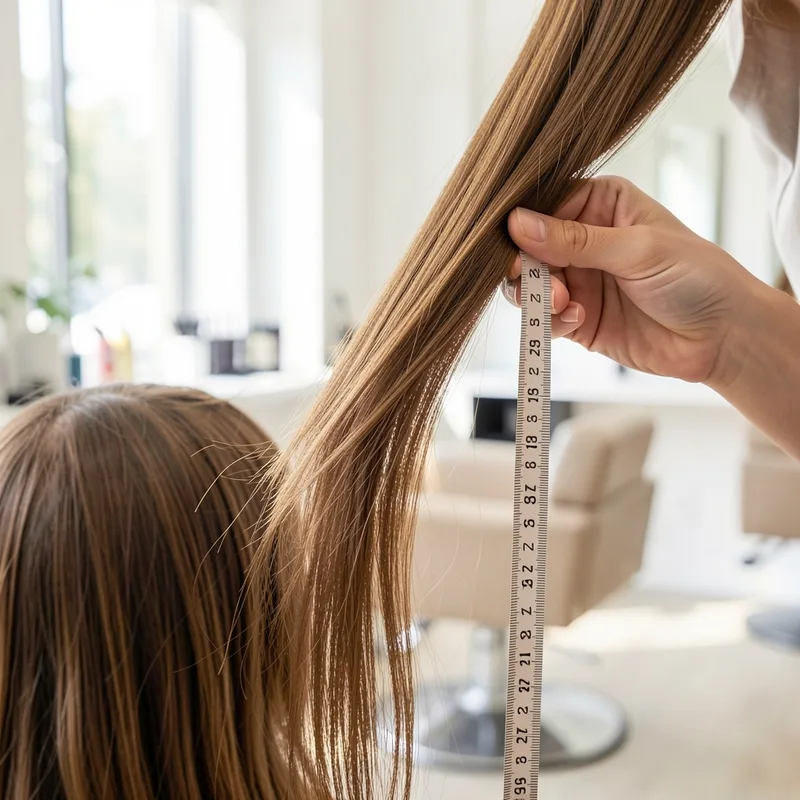 Mèche de cheveux longs mesurée avec un mètre ruban souple dans un salon lumineux