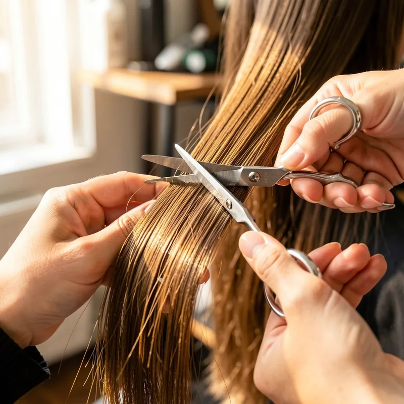 Ciseaux de coiffeur retirant un centimètre sur des pointes de cheveux longs