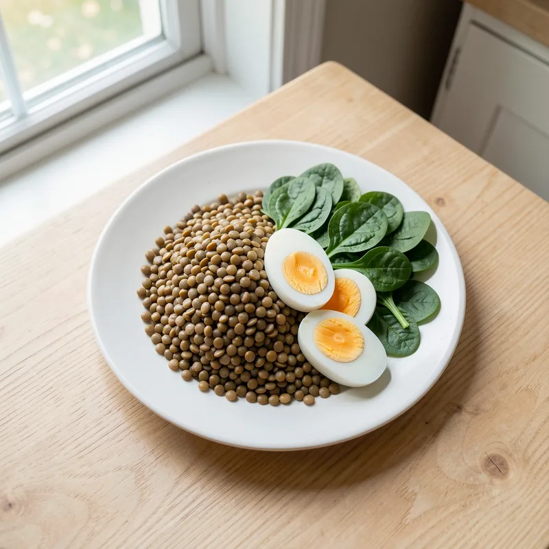 Assiette de lentilles, œufs et légumes verts sur une table en bois clair